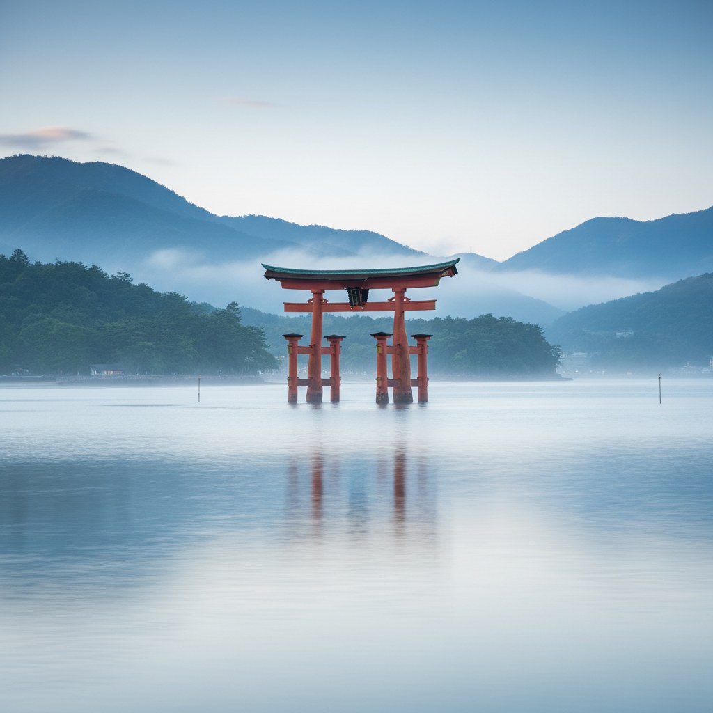 厳島神社の大鳥居と霧の宮島