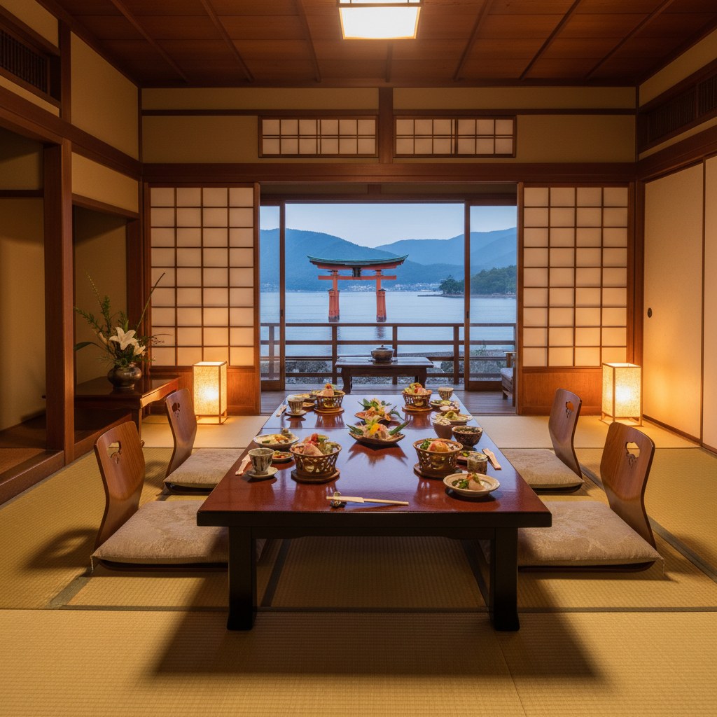宮島の旅館で大鳥居を望む和室