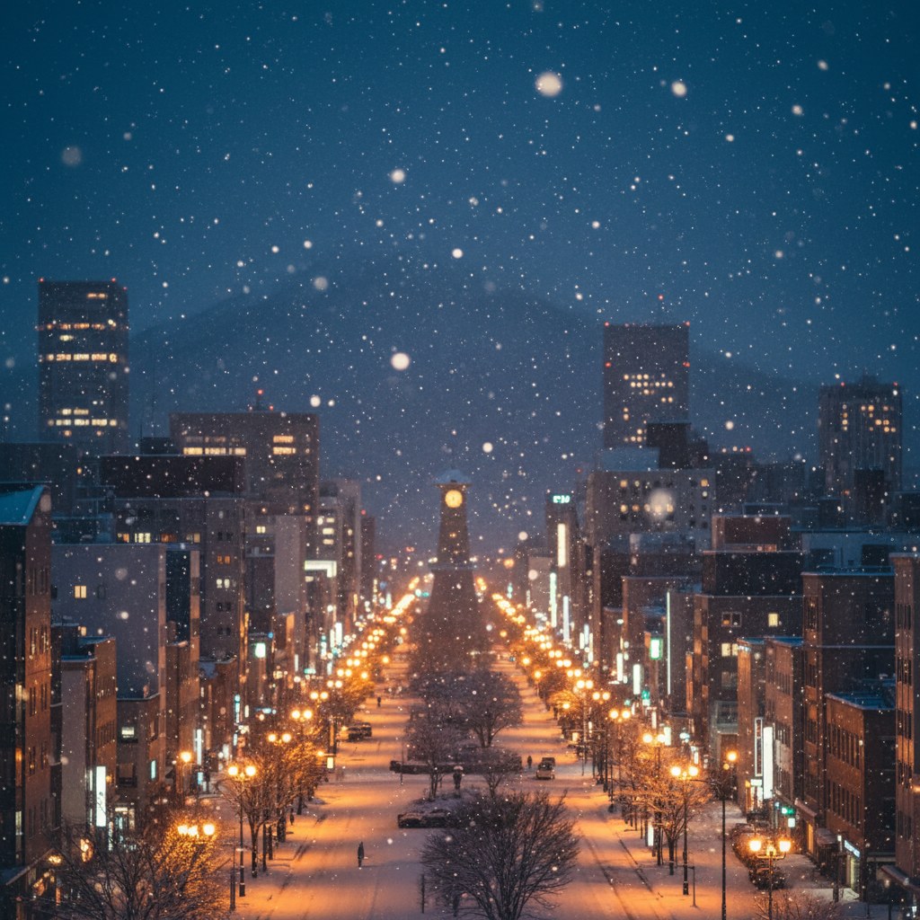 雪の降る夜の札幌の街並み